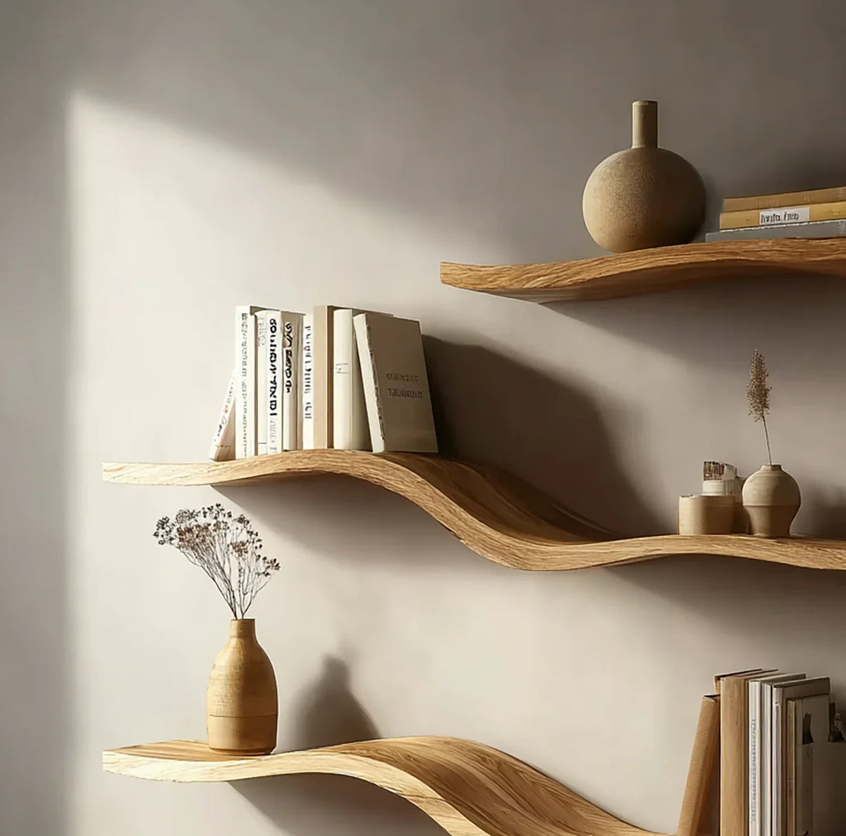 Curved wooden wall shelves with books and minimalist beige ceramic vases in soft natural light