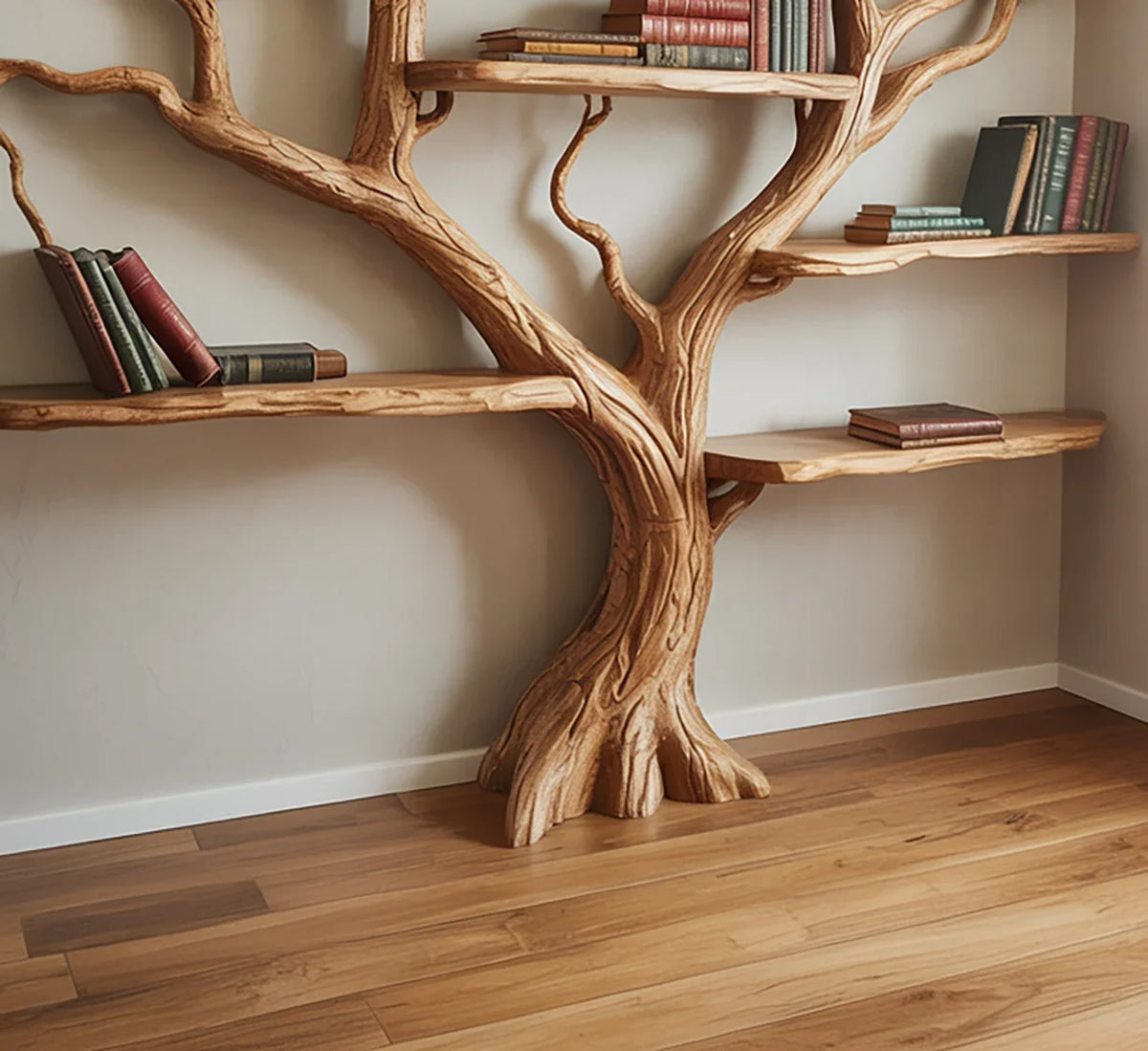 Solid wood tree bookshelf with floating shelves and books in a modern room