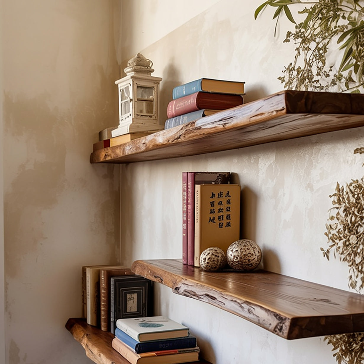 Live edge floating wood shelves with books, decor and greenery on a textured wall