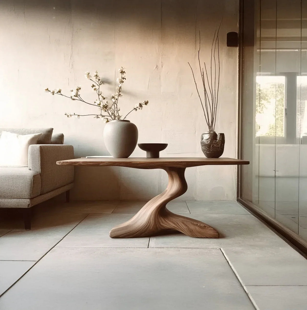Live edge solid wood coffee table with sculptural base in modern living room