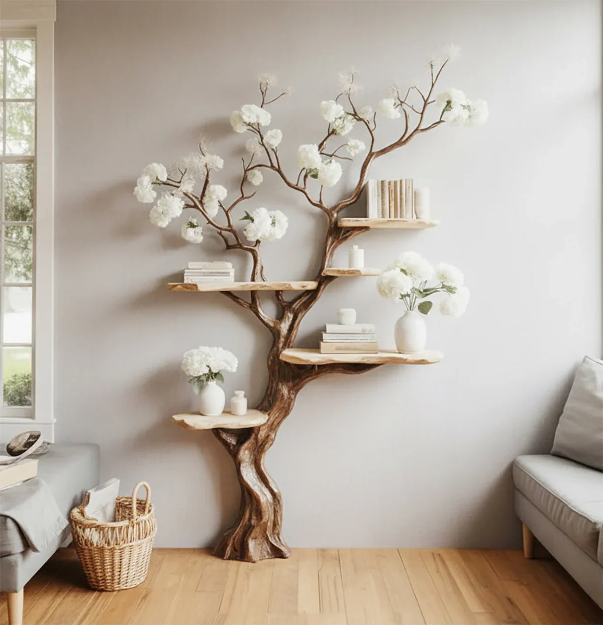 Tree bookshelf with live edge wood shelves, holding books and vases, against a light wall.