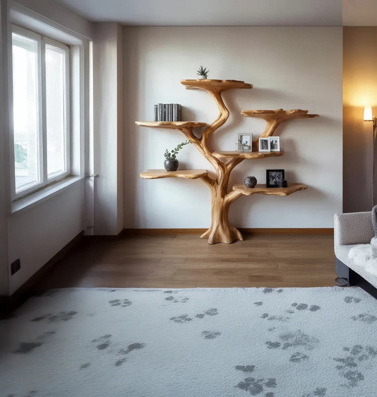 Modern living room with natural wood tree-shaped shelf, decorative plants, books, and photo frames