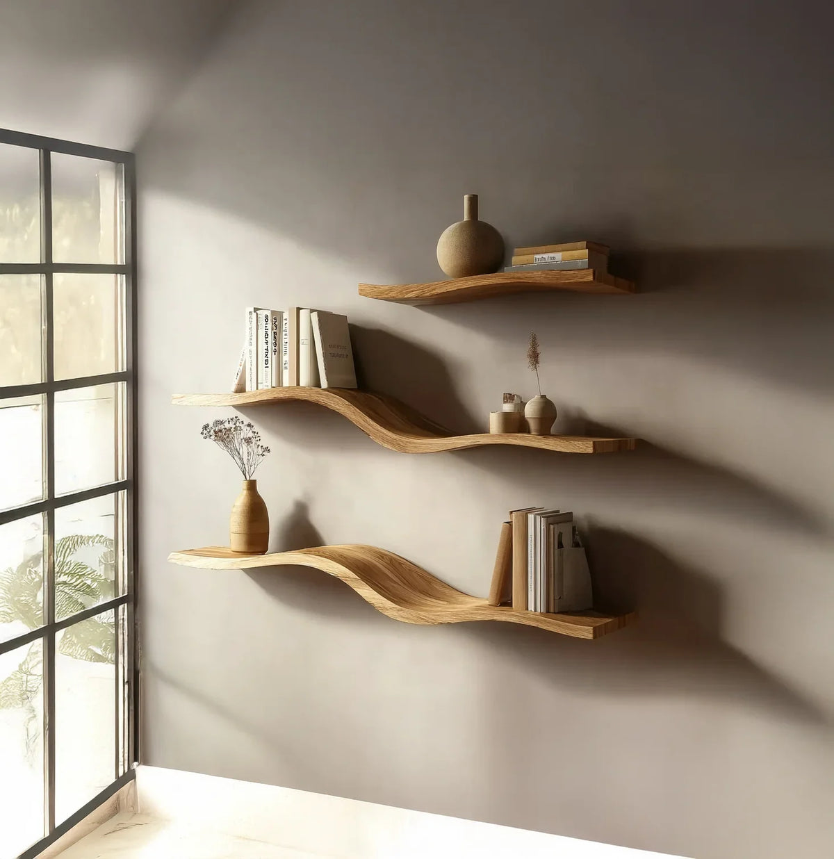 Curved wooden floating shelves with books and vases on beige wall near large window