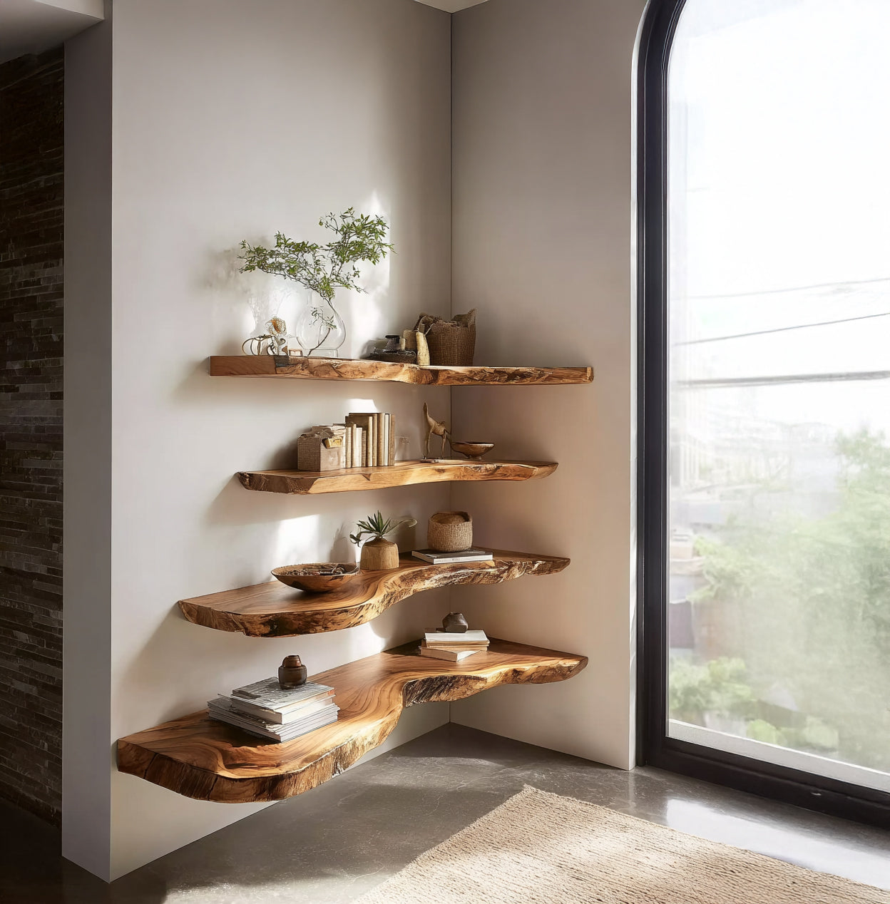 Corner wall with four live edge wood floating shelves decorated with plants, books, and pottery