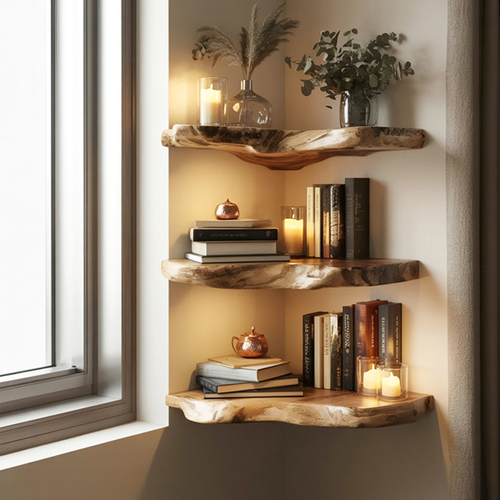 Natural wood corner shelves with books, candles, copper teapots, and decorative plants by window