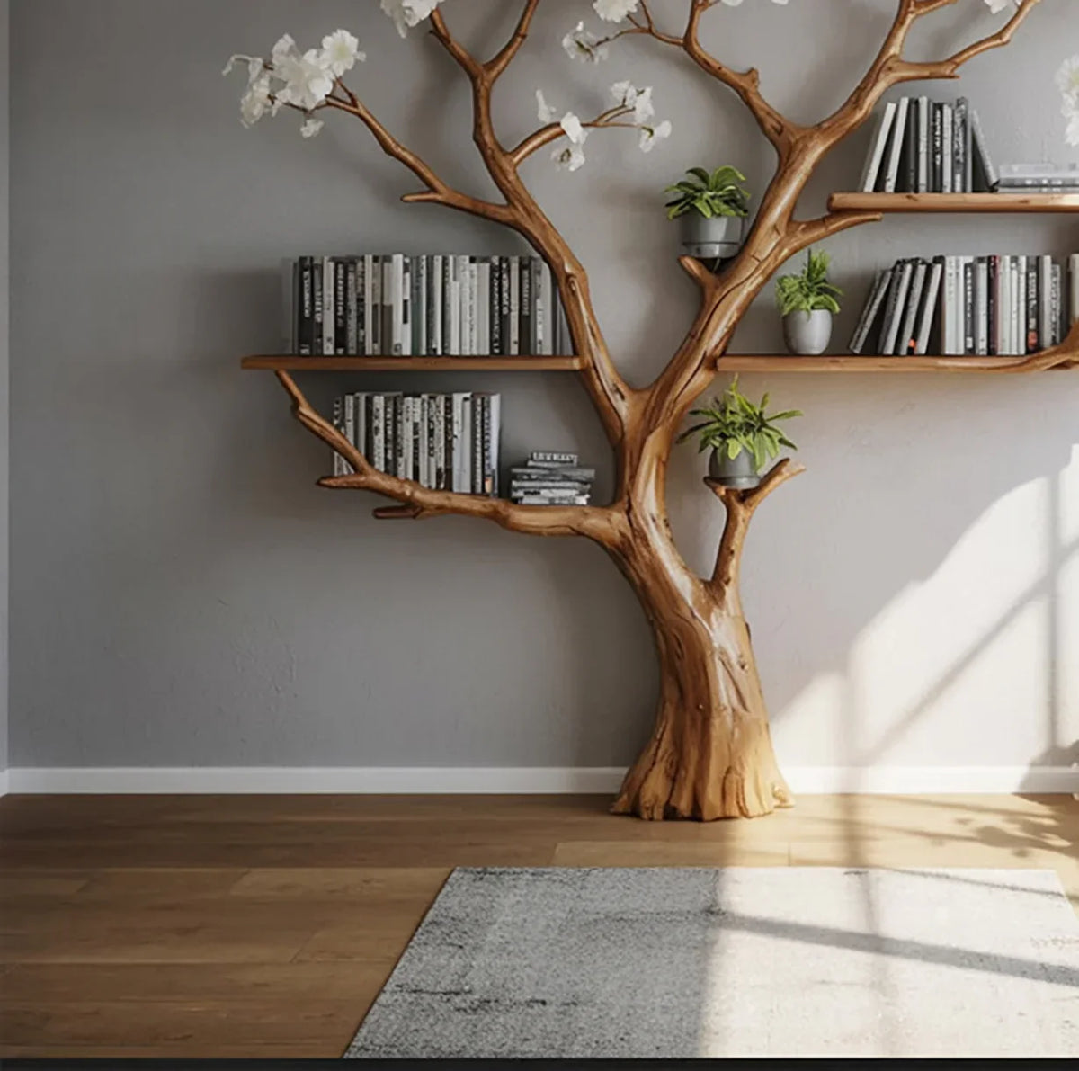 Unique wooden tree-shaped bookshelf with books and potted plants against gray wall