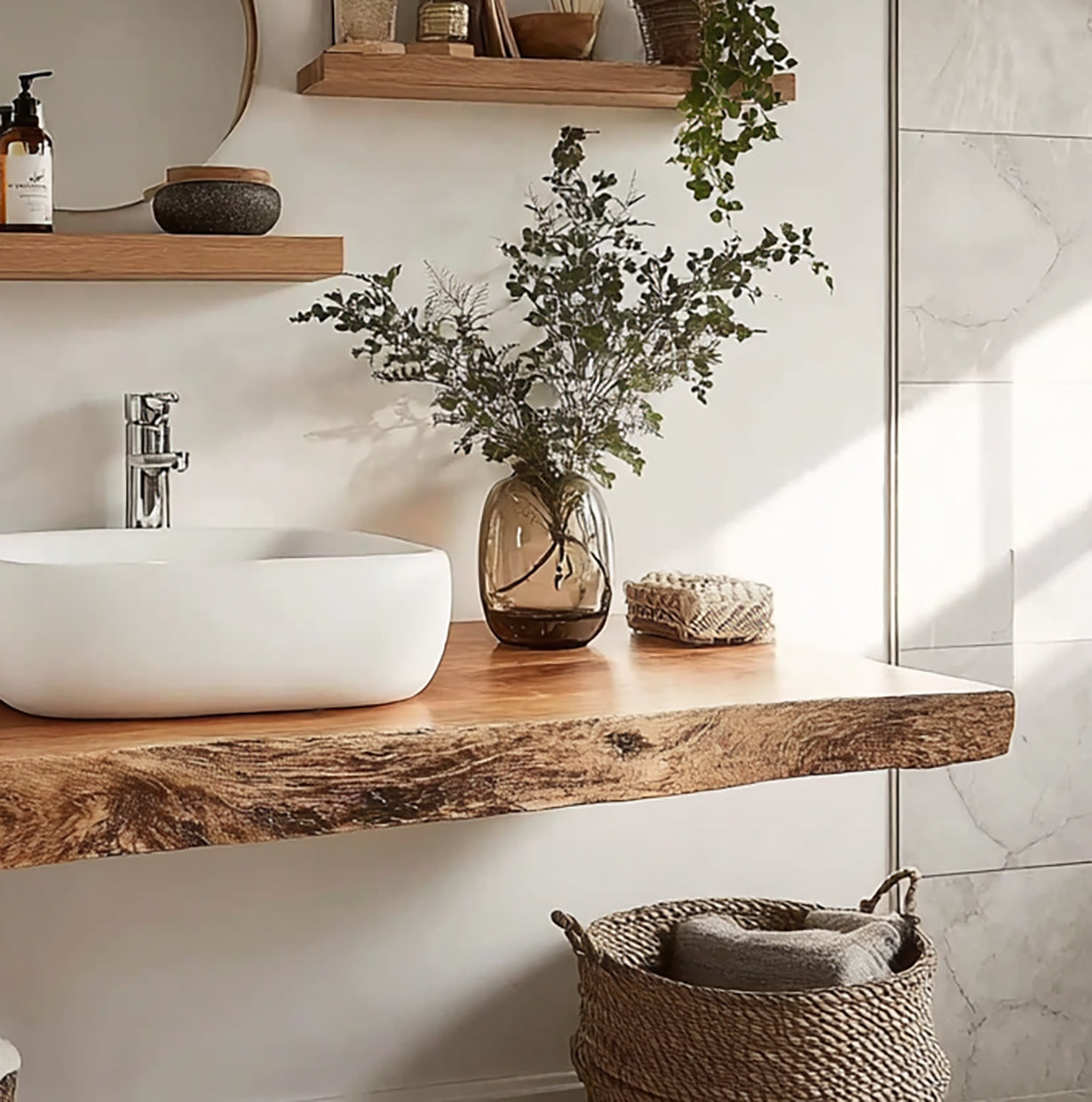 Modern bathroom with wooden floating sink countertop, glass vase with greenery, and woven basket