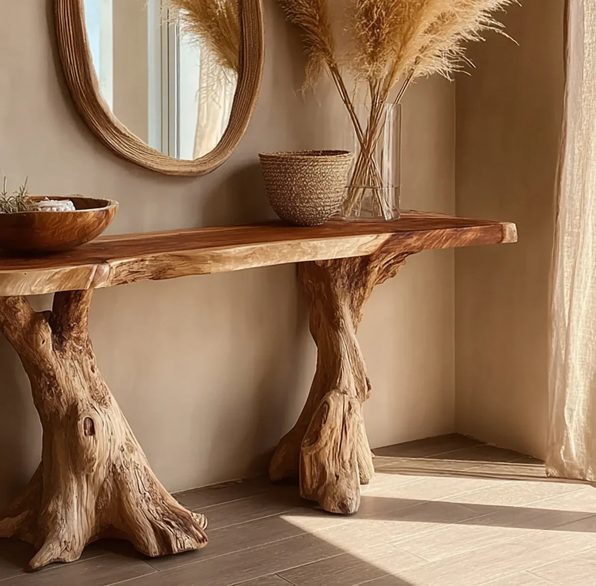 Rustic wooden console table with natural tree trunk legs under round mirror, vase with pampas grass