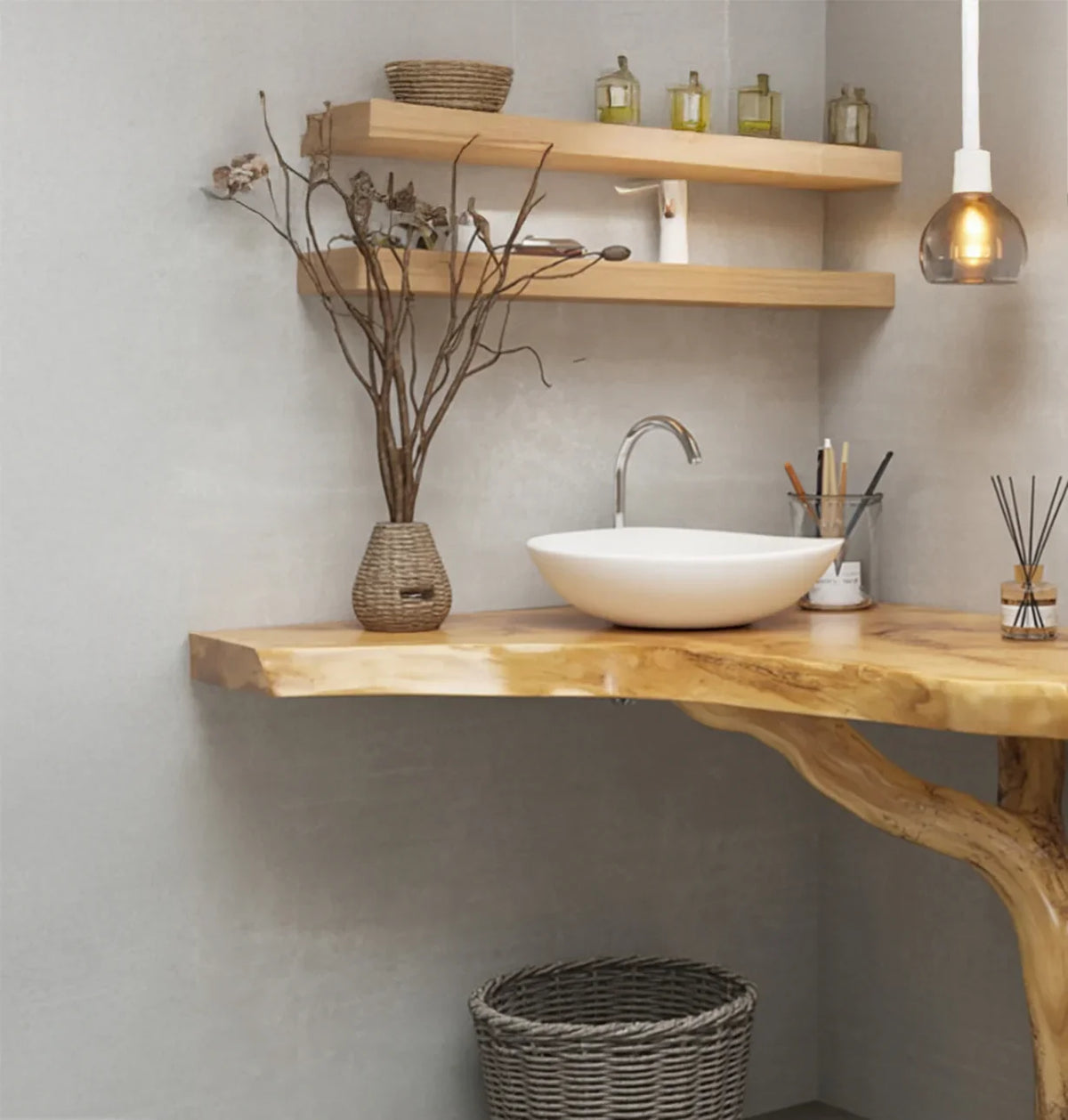 Modern bathroom with live edge wood vanity, floating wooden shelves, vessel sink, and minimalist decor