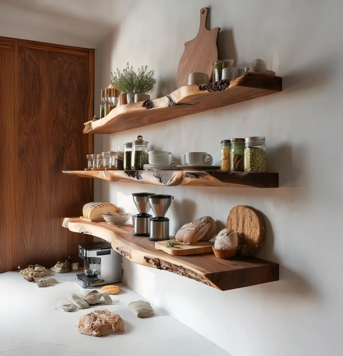 Rustic kitchen shelves with jars, cups, bread, coffee grinder, and herbs on white wall