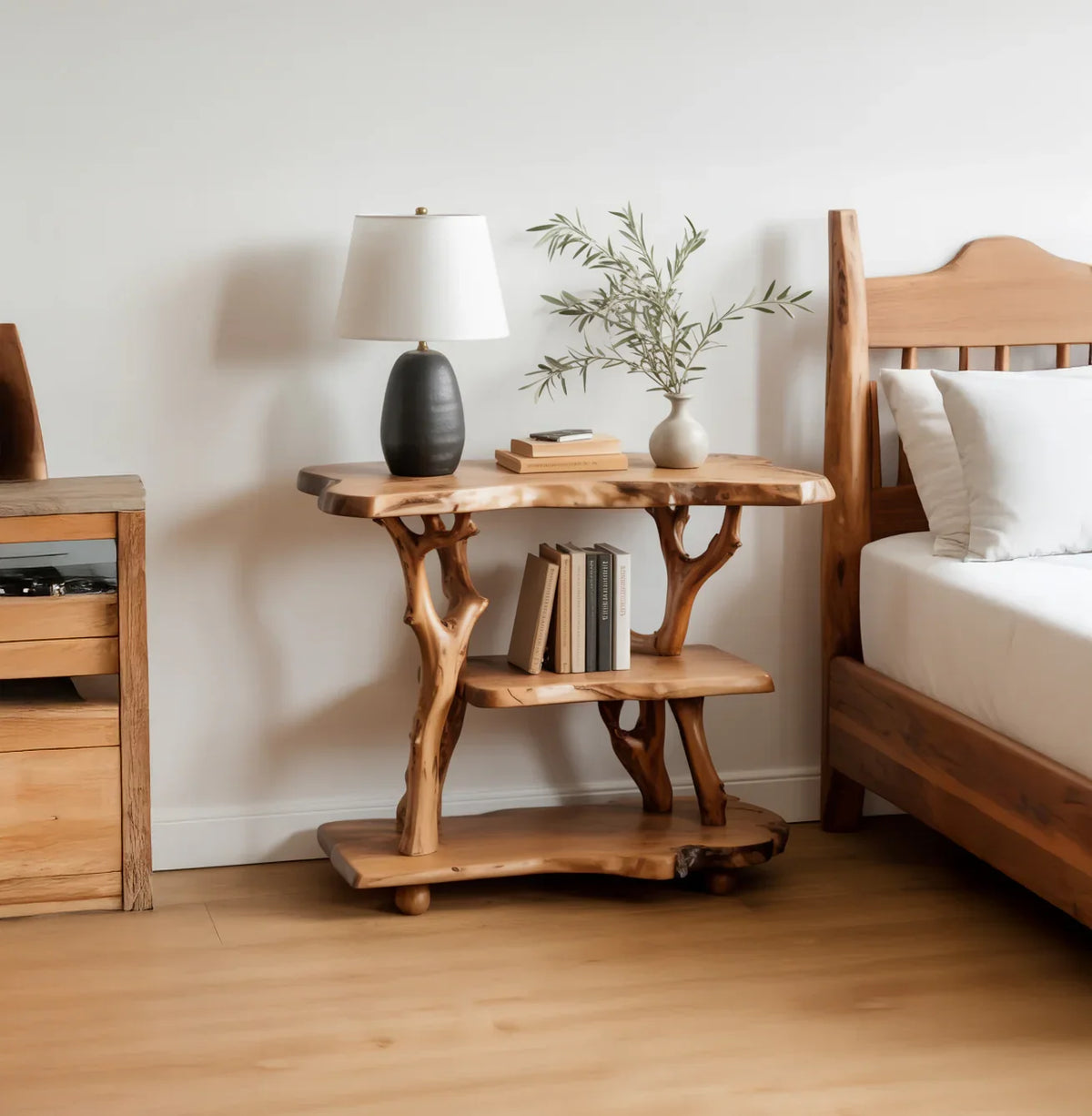 Live edge solid wood bedside table with shelves, books, lamp, and vase in a cozy bedroom