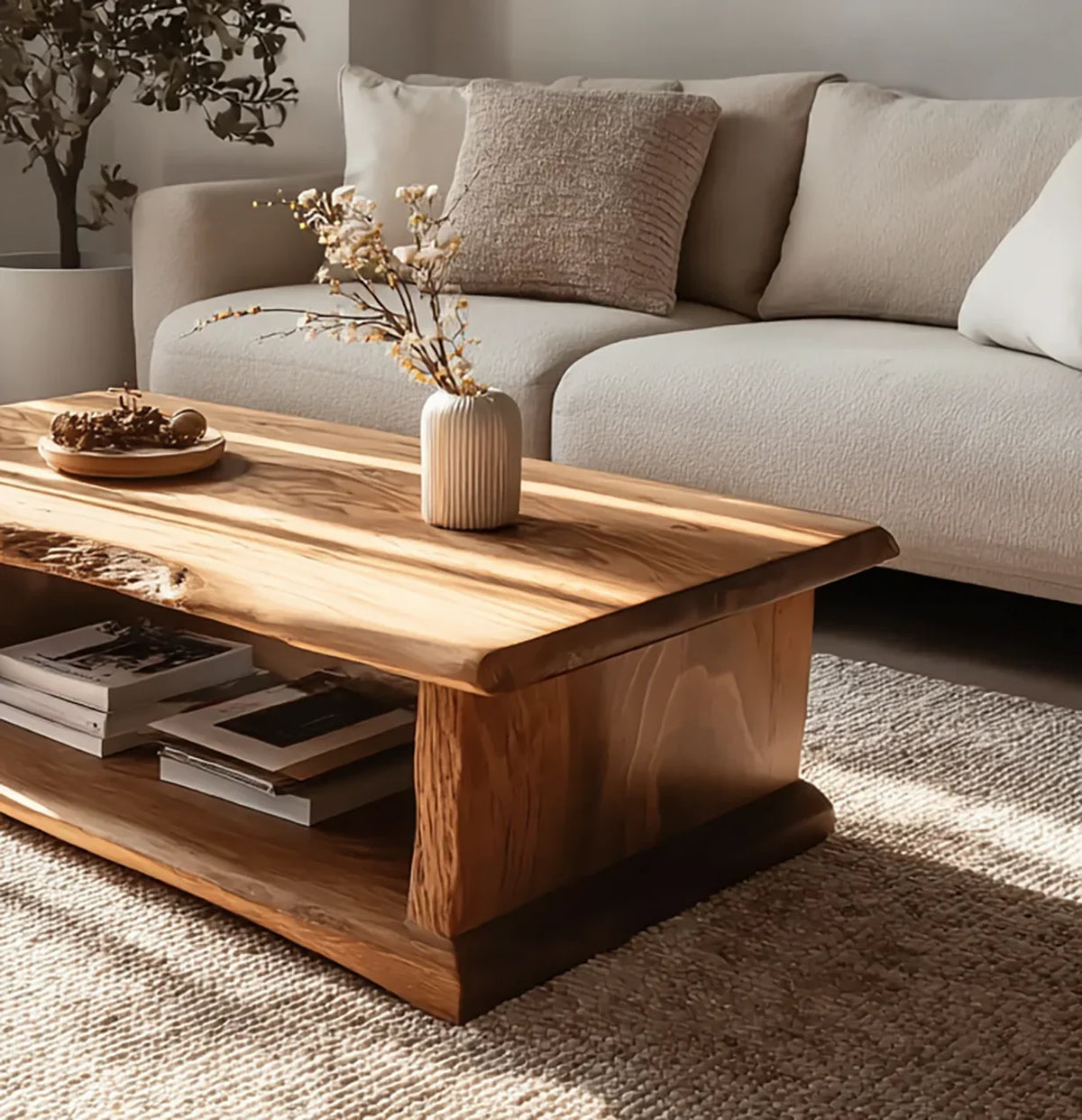 Modern living room with beige sofa, textured cushions, wooden coffee table with vase and decor