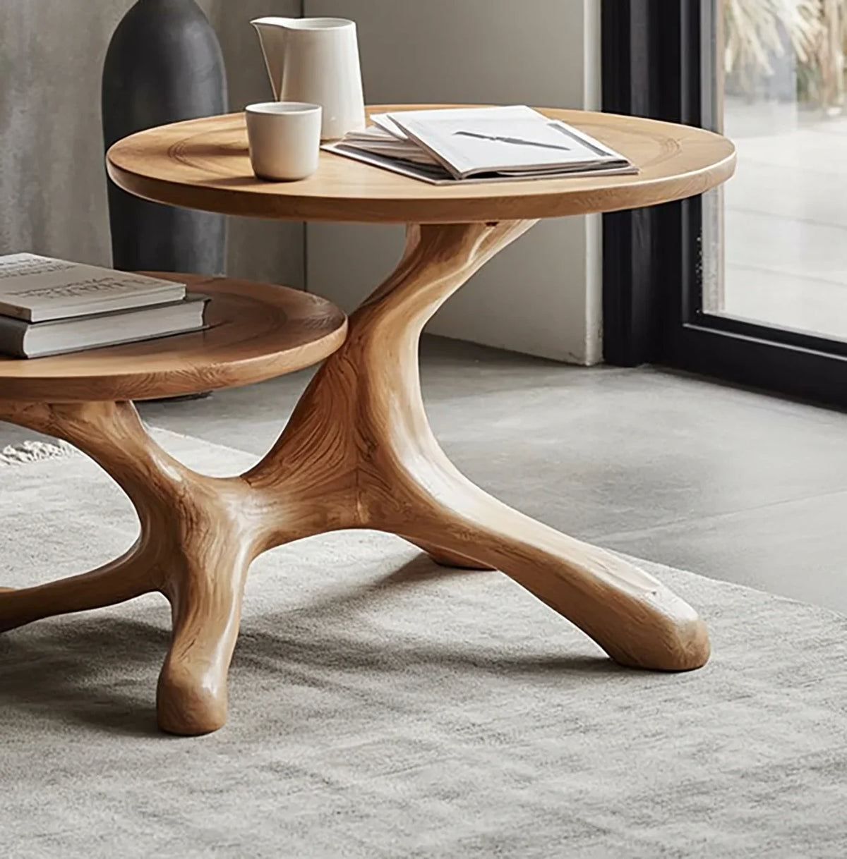 Sustainably crafted live edge solid wood coffee table with organic tree-like base