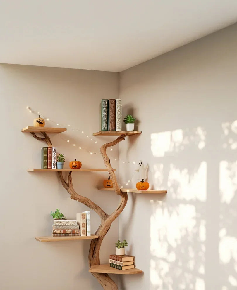 Live edge tree bookshelf with books, pumpkins, fairy lights, and small potted plants