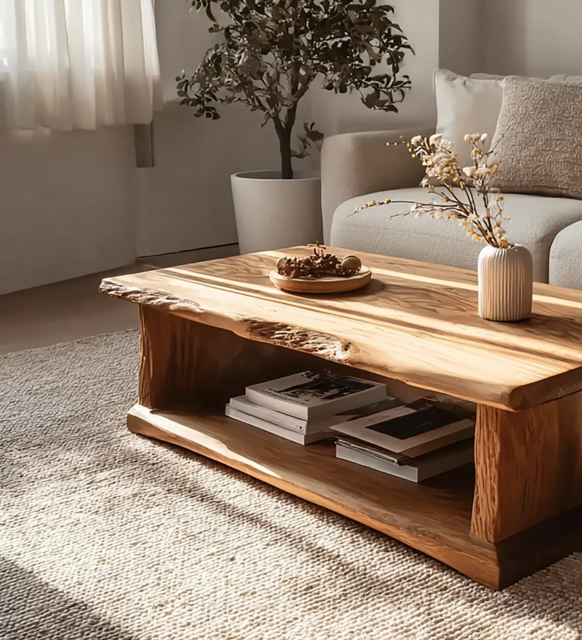 Natural wood coffee table with books and decor in cozy neutral living room