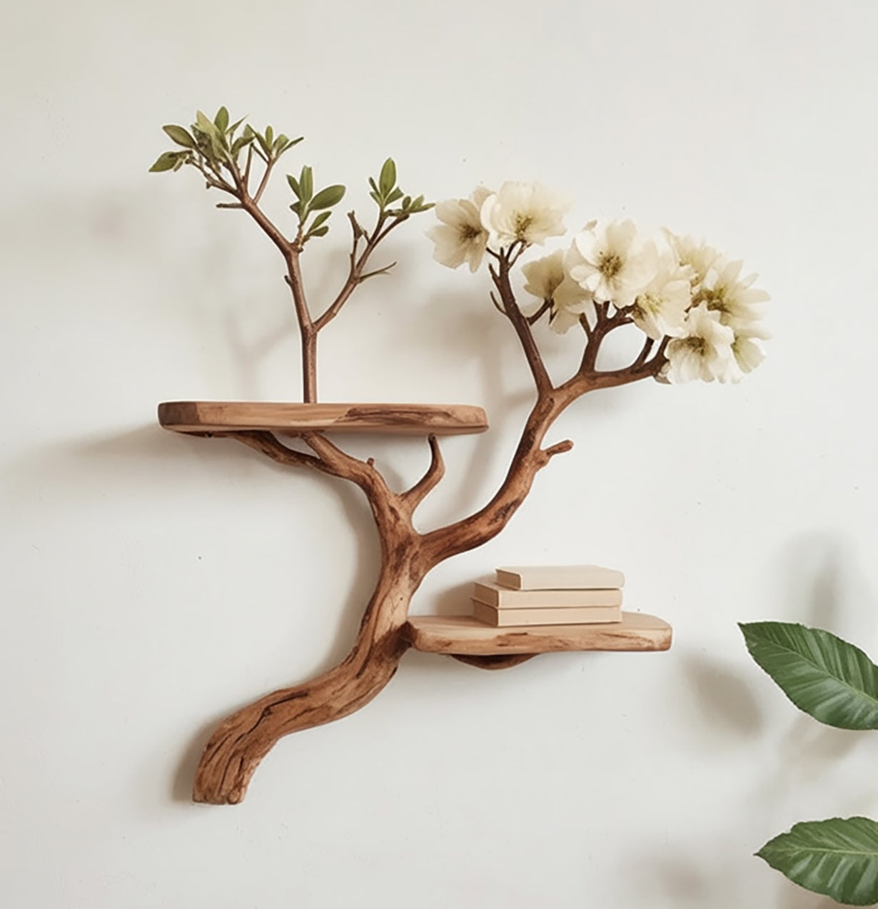 Wooden wall shelf shaped like a flowering tree branch with green leaves and books