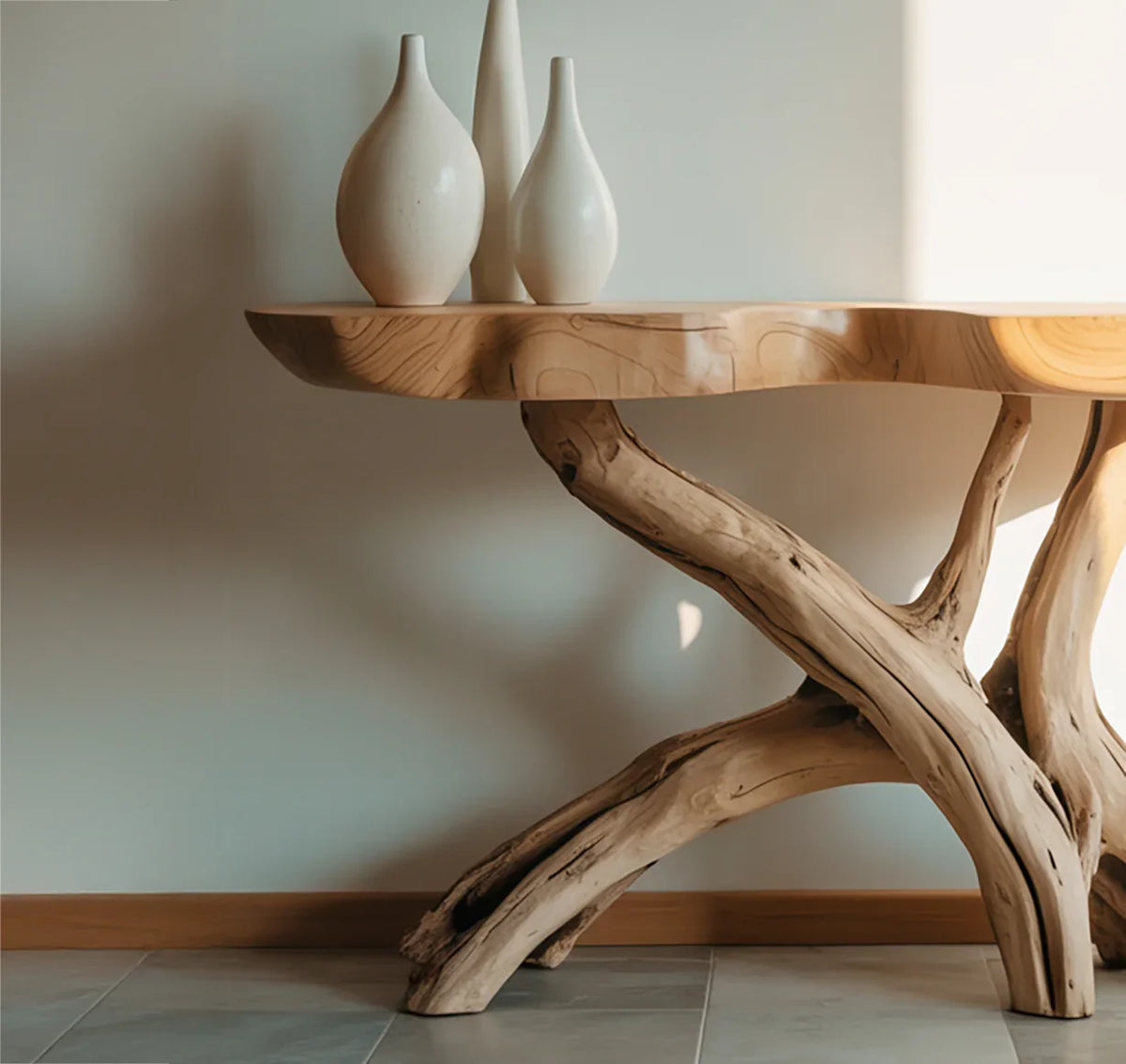Live edge wood table with natural tree branch base and three ceramic vases in a modern room