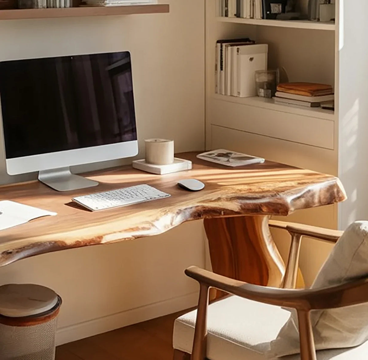 Live edge solid wood desk with iMac computer in minimalist home office