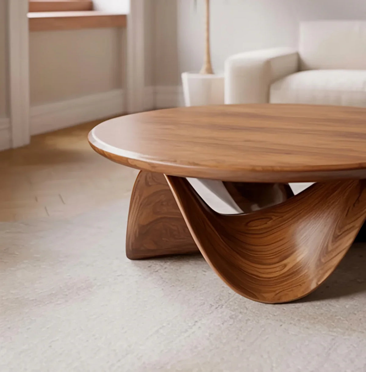 Round live edge solid wood coffee table with unique curved base in modern living room