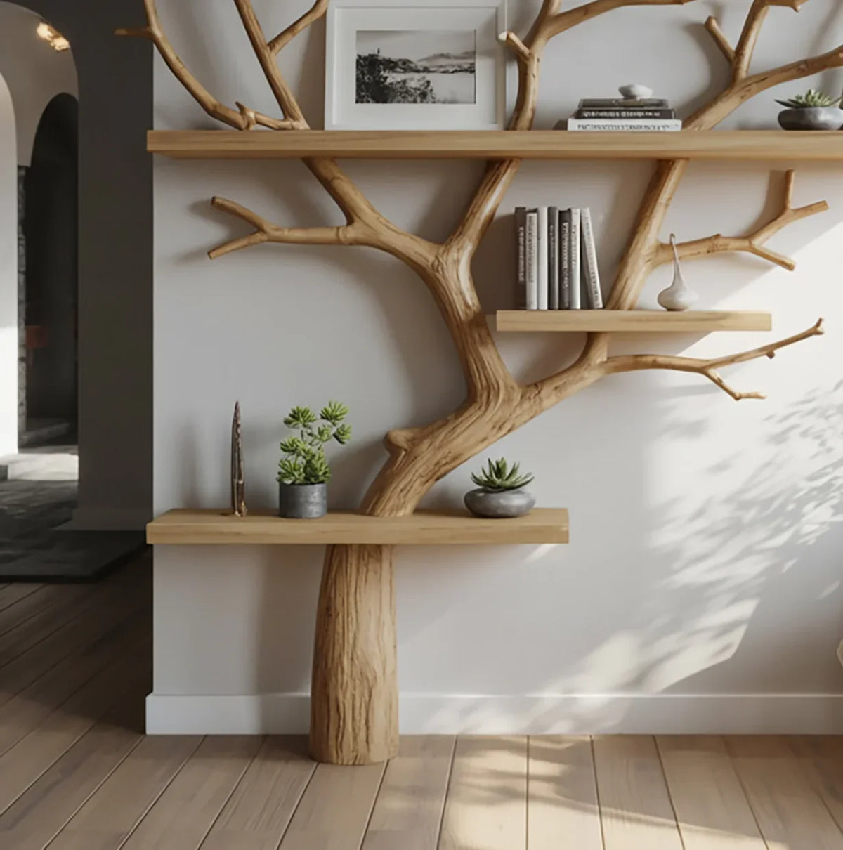 Sustainably crafted tree bookshelf with solid wood shelves, holding books and plants in a modern room