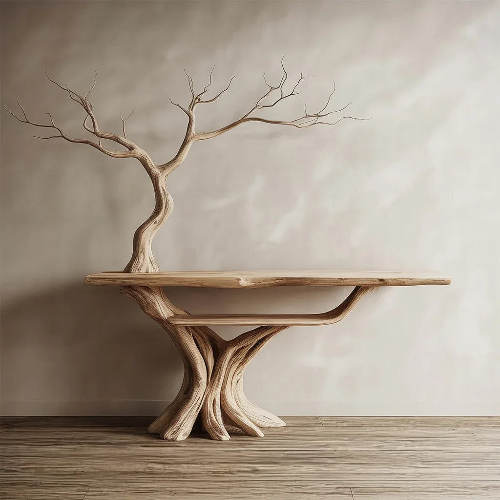 Live edge solid wood table with sculpted tree base and branches, artisanal sustainable furniture