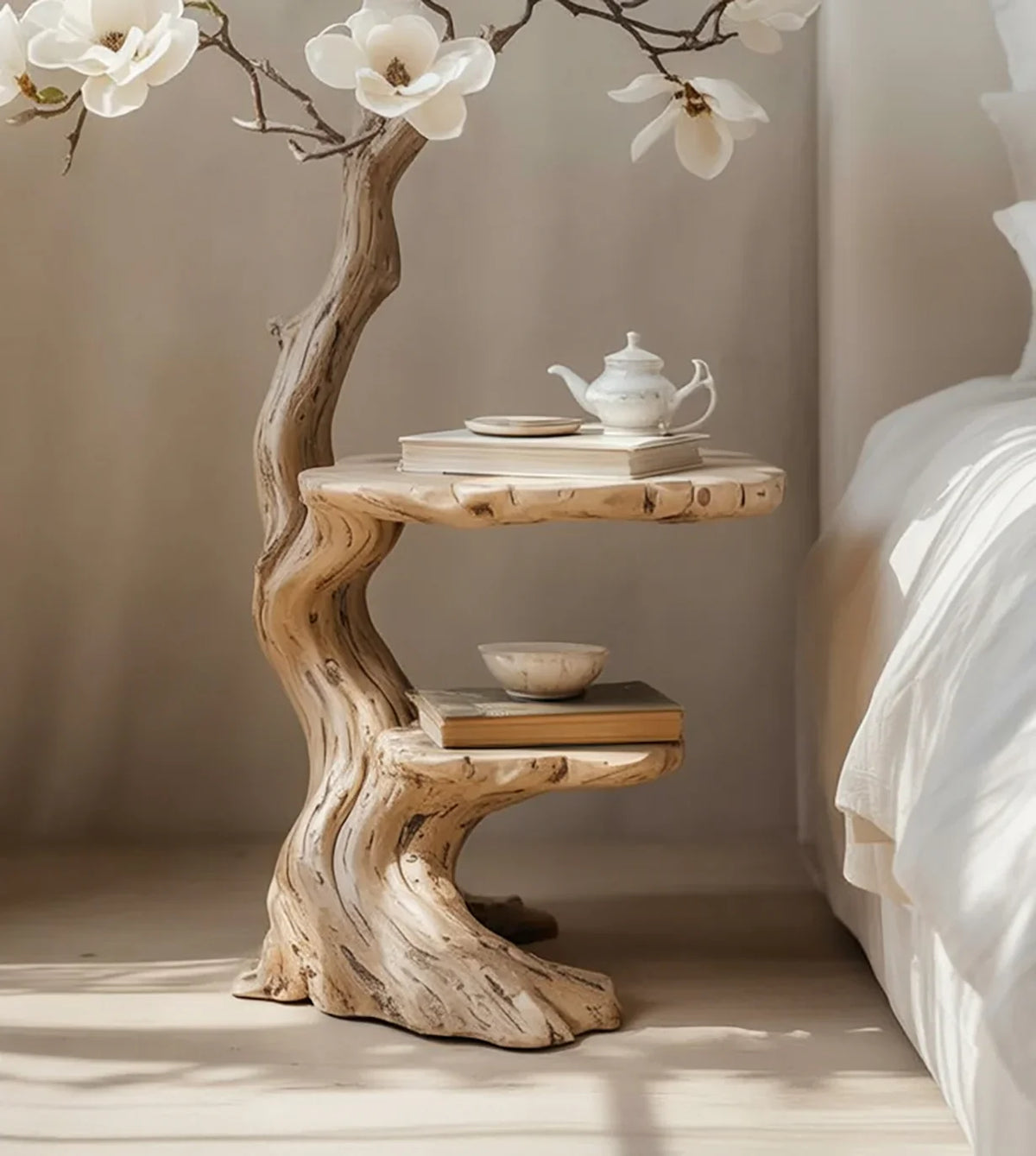 Live edge wood nightstand with tree branch design, shelves, books, and white flowers
