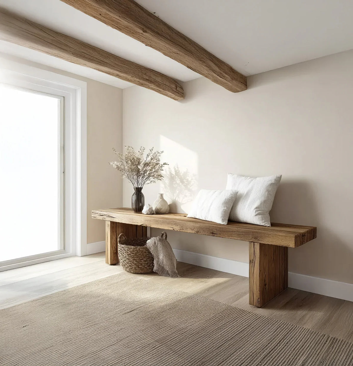 Minimalist rustic wooden bench with white pillows, vases, dried flowers, and woven basket in bright room