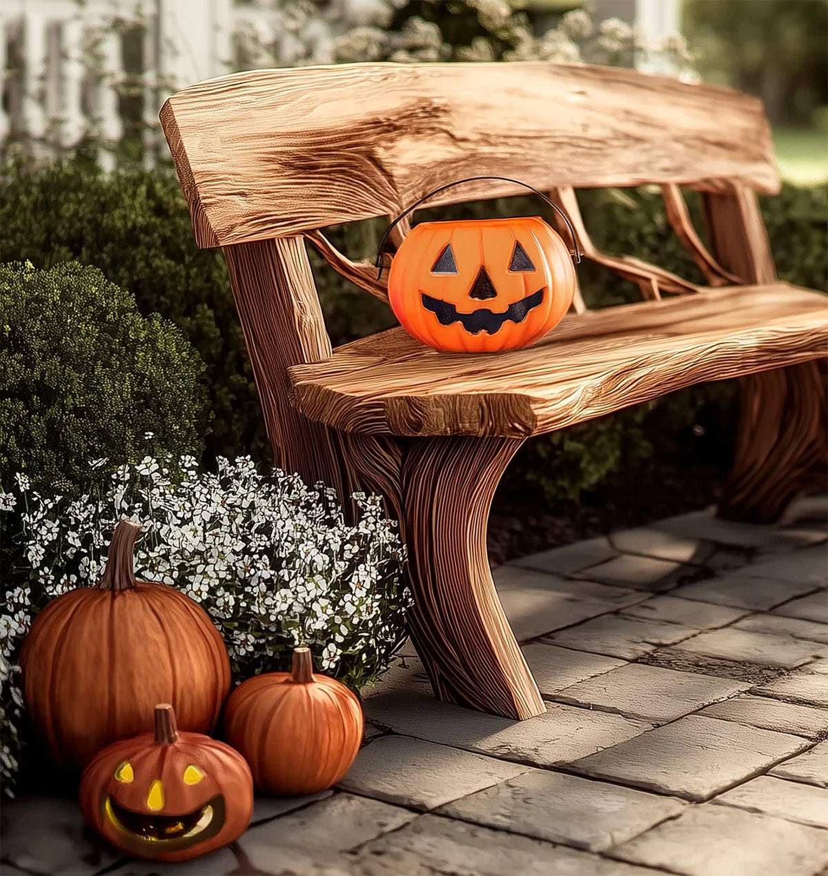 Live edge wood bench with carved pumpkins and jack-o'-lanterns on stone patio, autumn garden decor