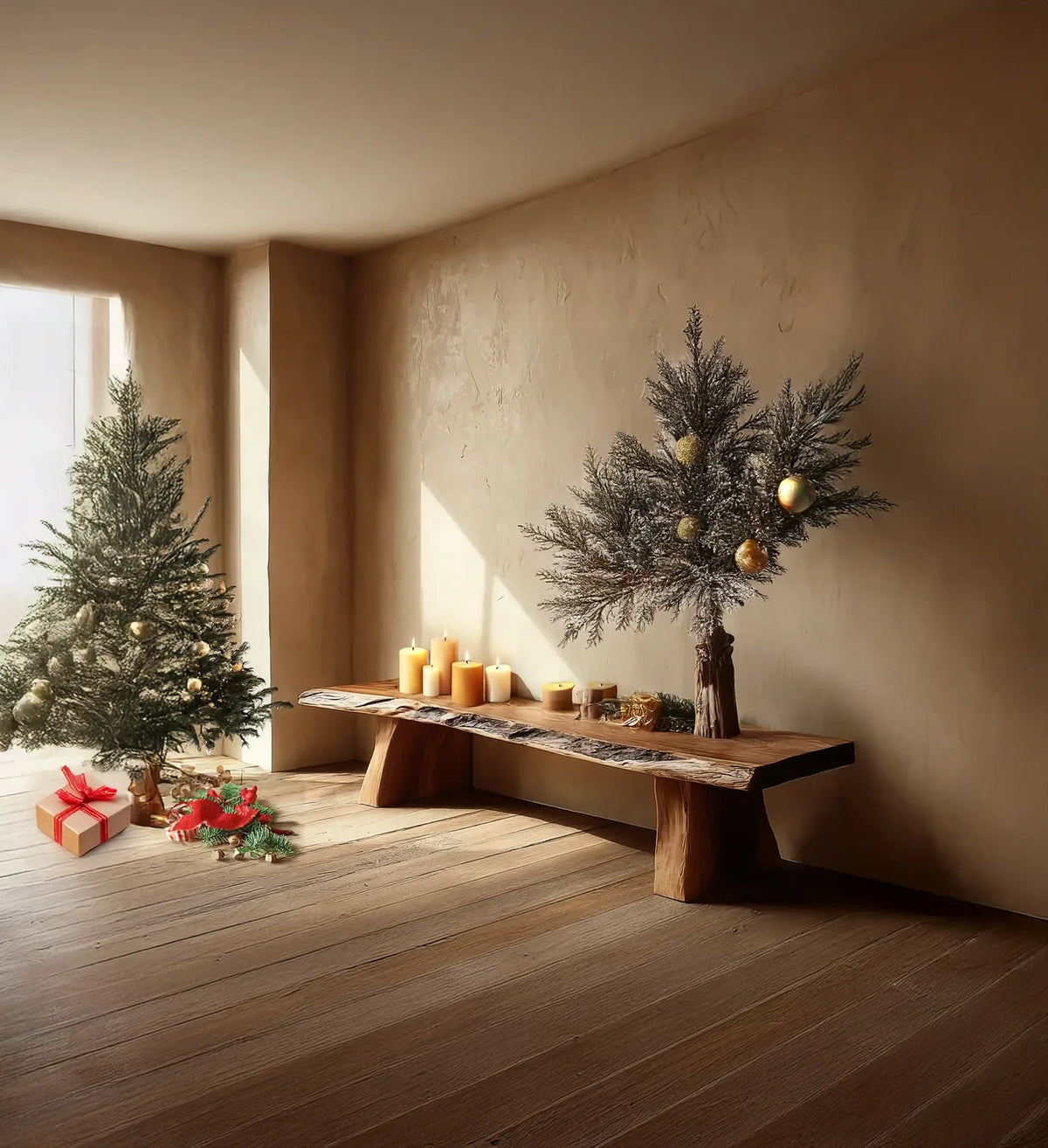 Live edge wooden bench with candles, small decorated Christmas tree, and festive gift in sunlit minimalist room