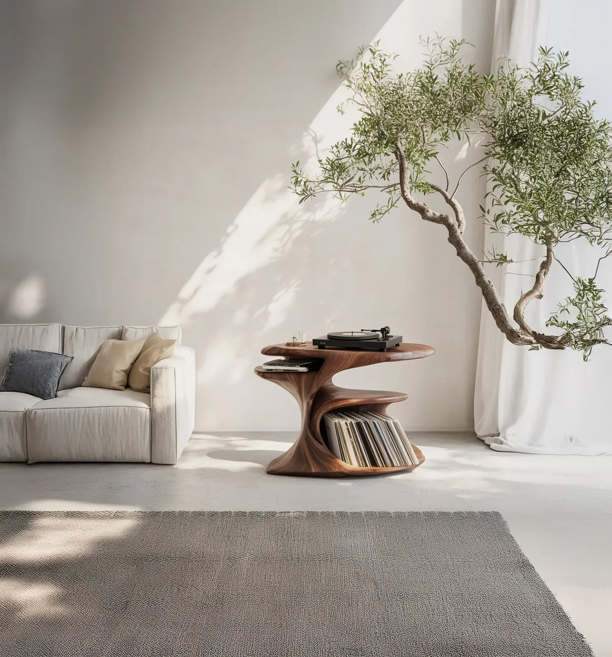 Minimalist living room with modern white sofa, wooden record player table, vinyl records, and indoor tree