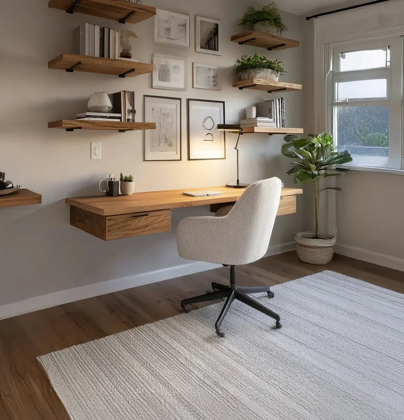 Modern home office with floating wood shelves, live edge desk, and cozy swivel chair, handcrafted solid wood floating desk production process Vietnamese artisans