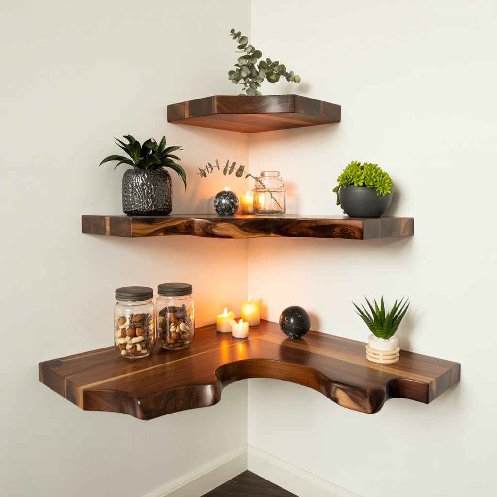 Live edge solid wood corner floating shelves with plants, candles, and decor jars.