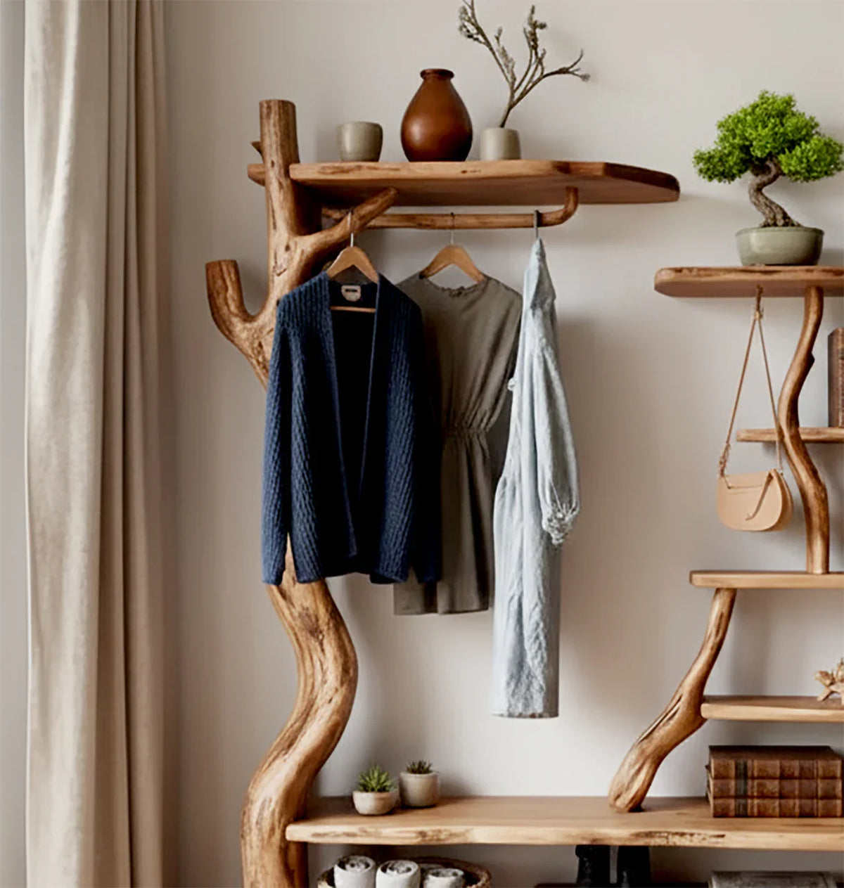 Live edge solid wood tree bookshelf with hanging clothes, potted plants, and home decor