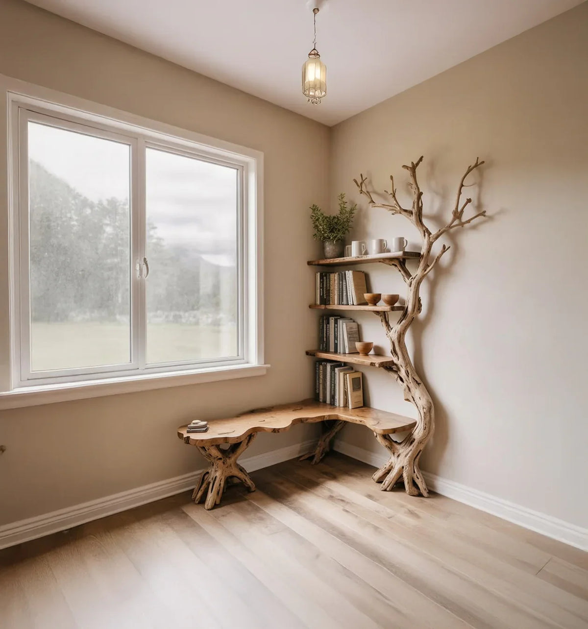 Live edge wooden tree bookshelf and bench in a bright, minimalist room with natural decor.