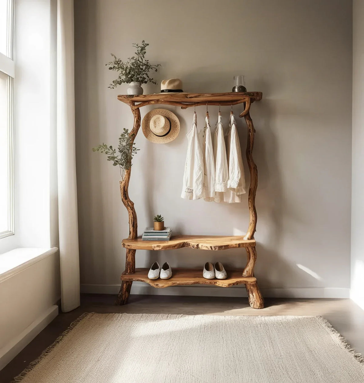 Live edge solid wood tree bookshelf with hanging rack in a bright, minimalist room