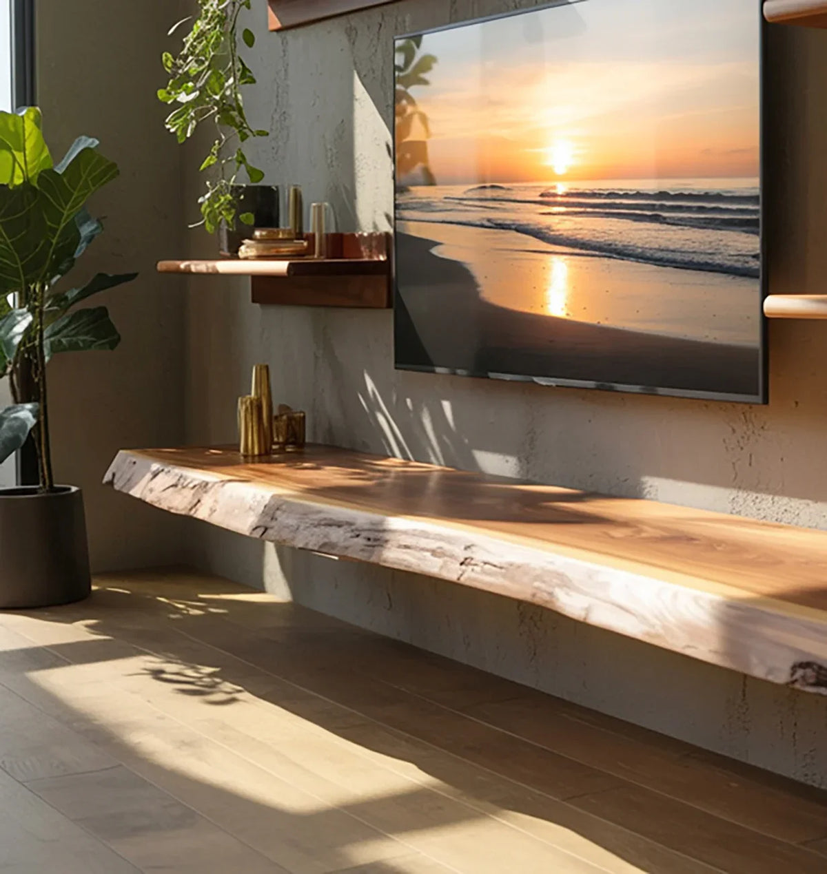 Modern living room with a floating live edge wood shelf under a wall-mounted TV and indoor plant