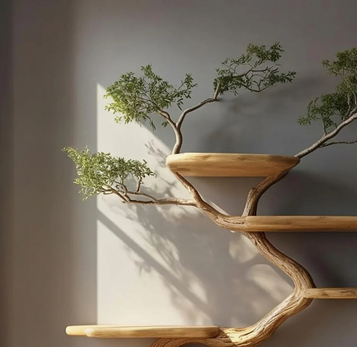 Sculptural tree bookshelf with live edge wood shelves and branches against a neutral wall