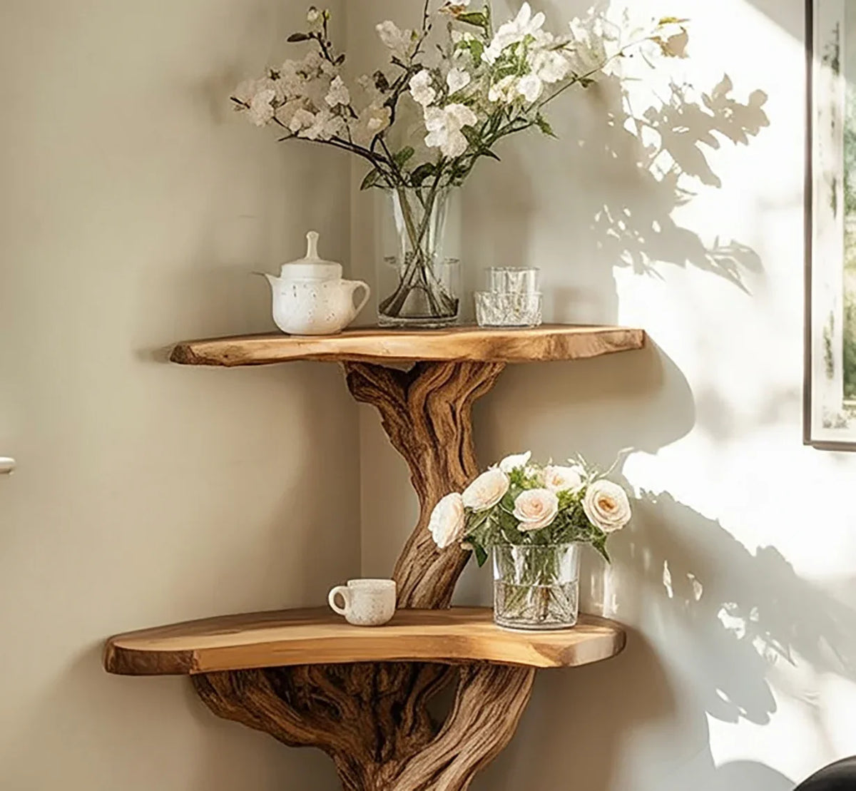 Live edge solid wood corner shelf with natural tree branch design, decorated with flowers and tea set