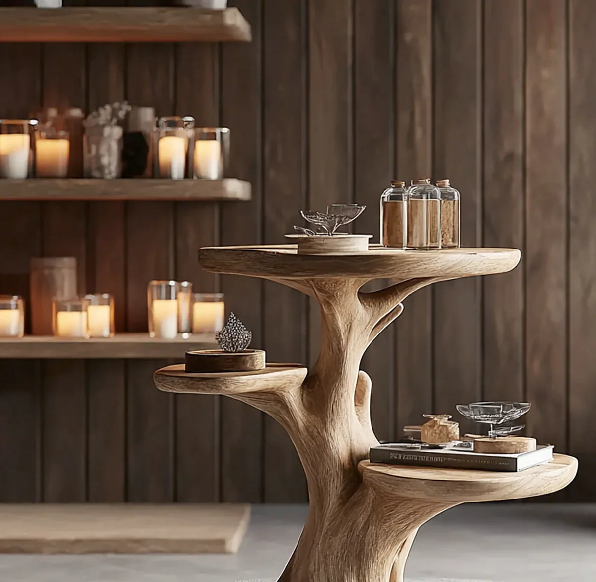 Tree-shaped solid wood bookshelf with floating shelves, books, and decor in cozy room