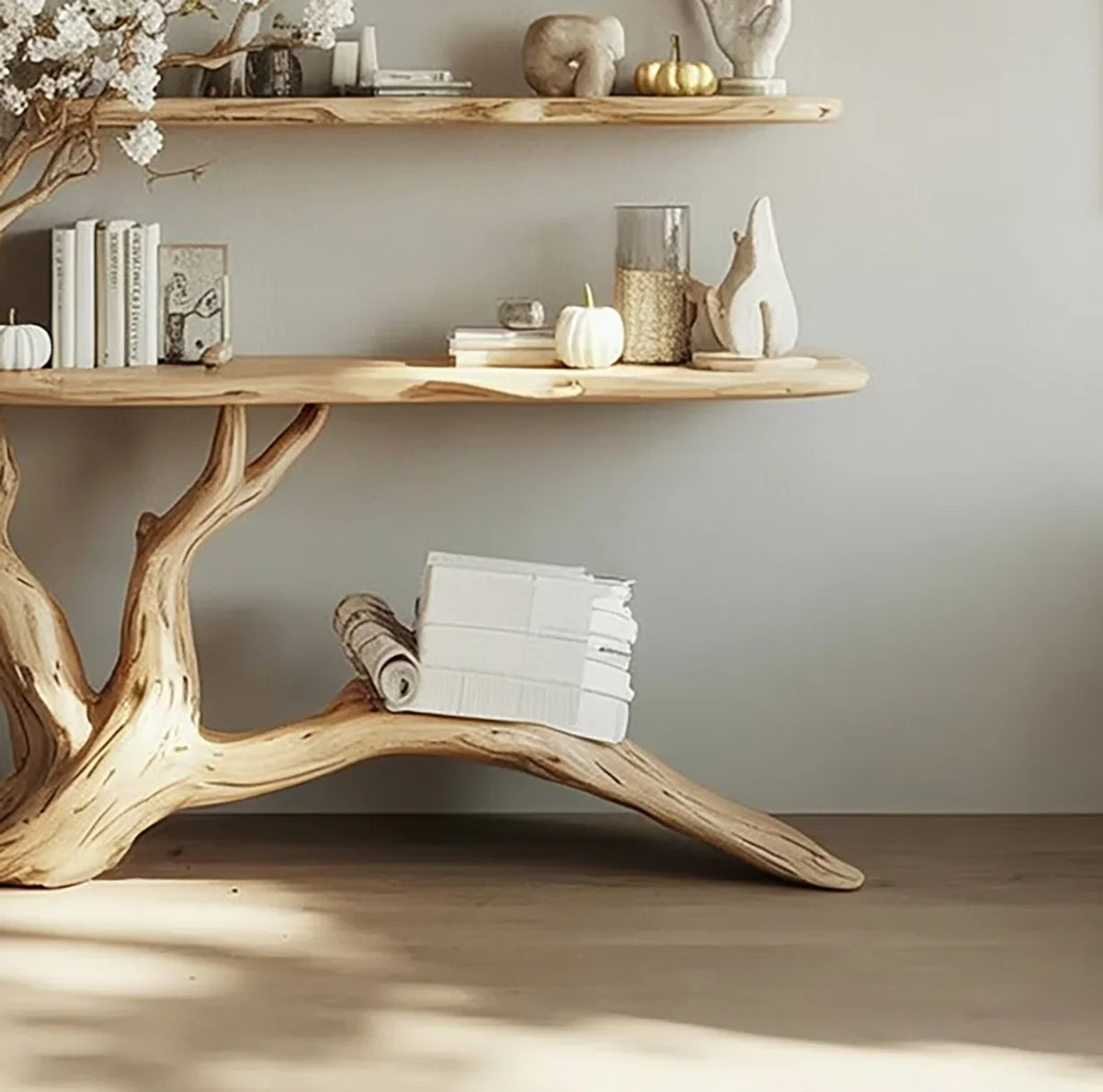 Sustainably crafted live edge solid wood bookshelf shaped like a tree, decorated with books and ornaments