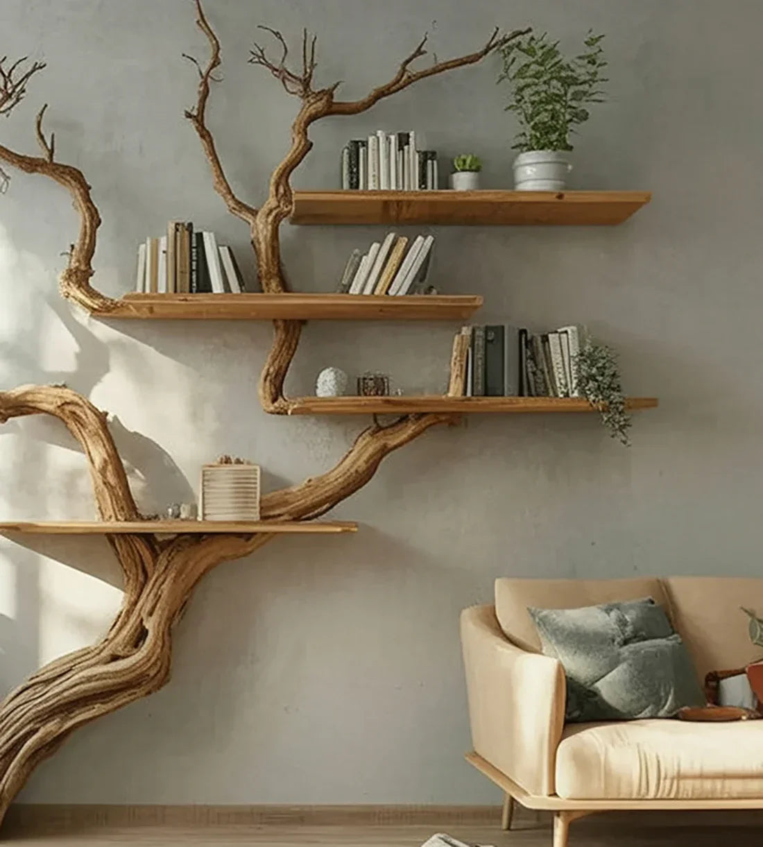 Live edge wooden tree bookshelf with floating shelves, books, plants, and a modern sofa in a cozy living room.