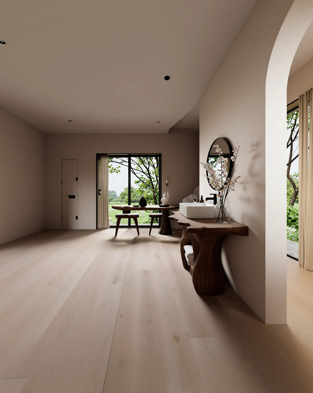 Modern minimalist room with solid wood live edge tables, large window and natural light