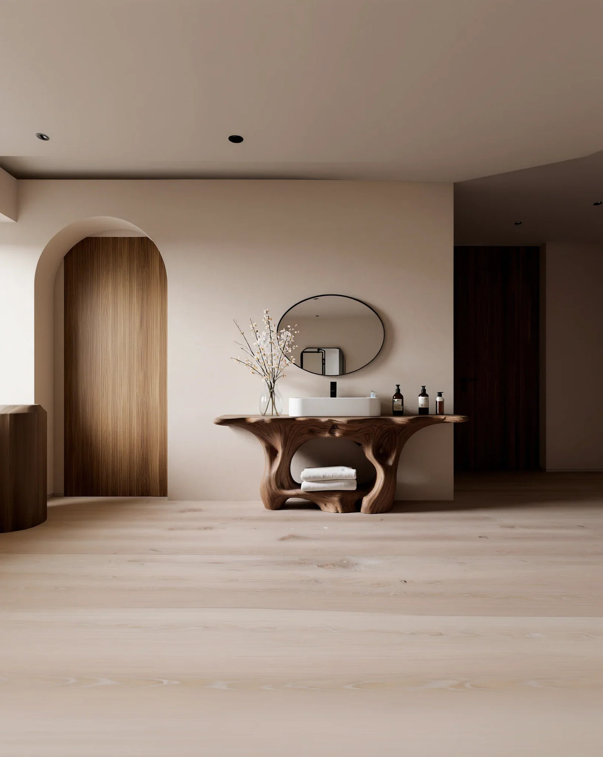 Modern bathroom with live edge wood vanity, vessel sink, round mirror, and minimalist decor