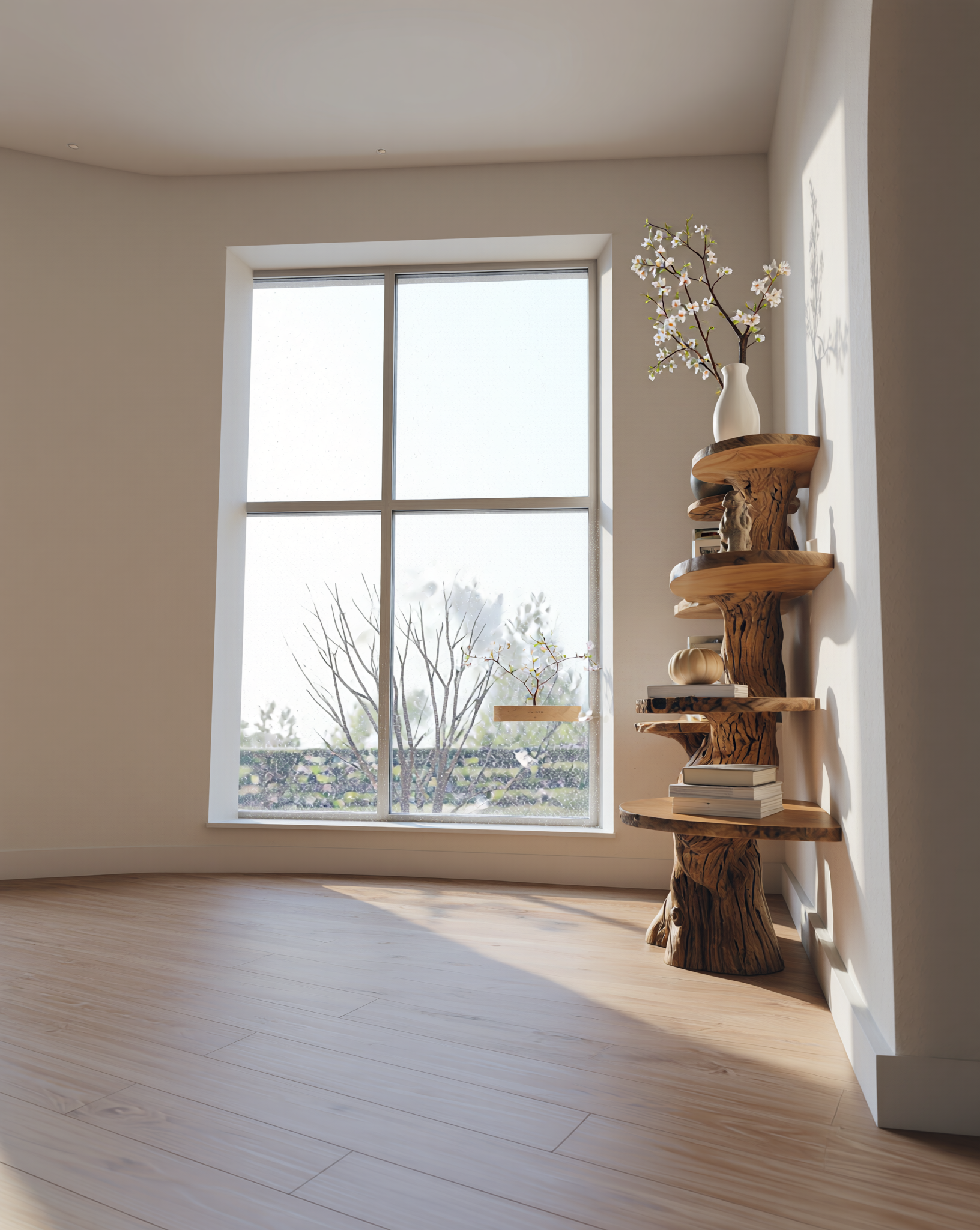 Live edge solid wood tree bookshelf with books and vase in sunlit minimalist room