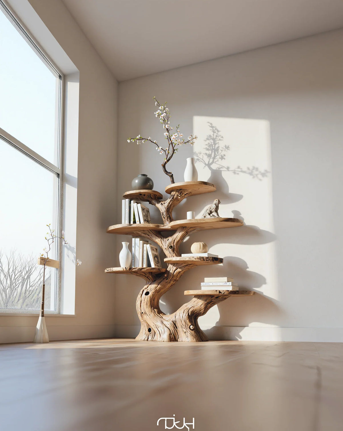 Live edge tree bookshelf with books and decor in a bright modern living room