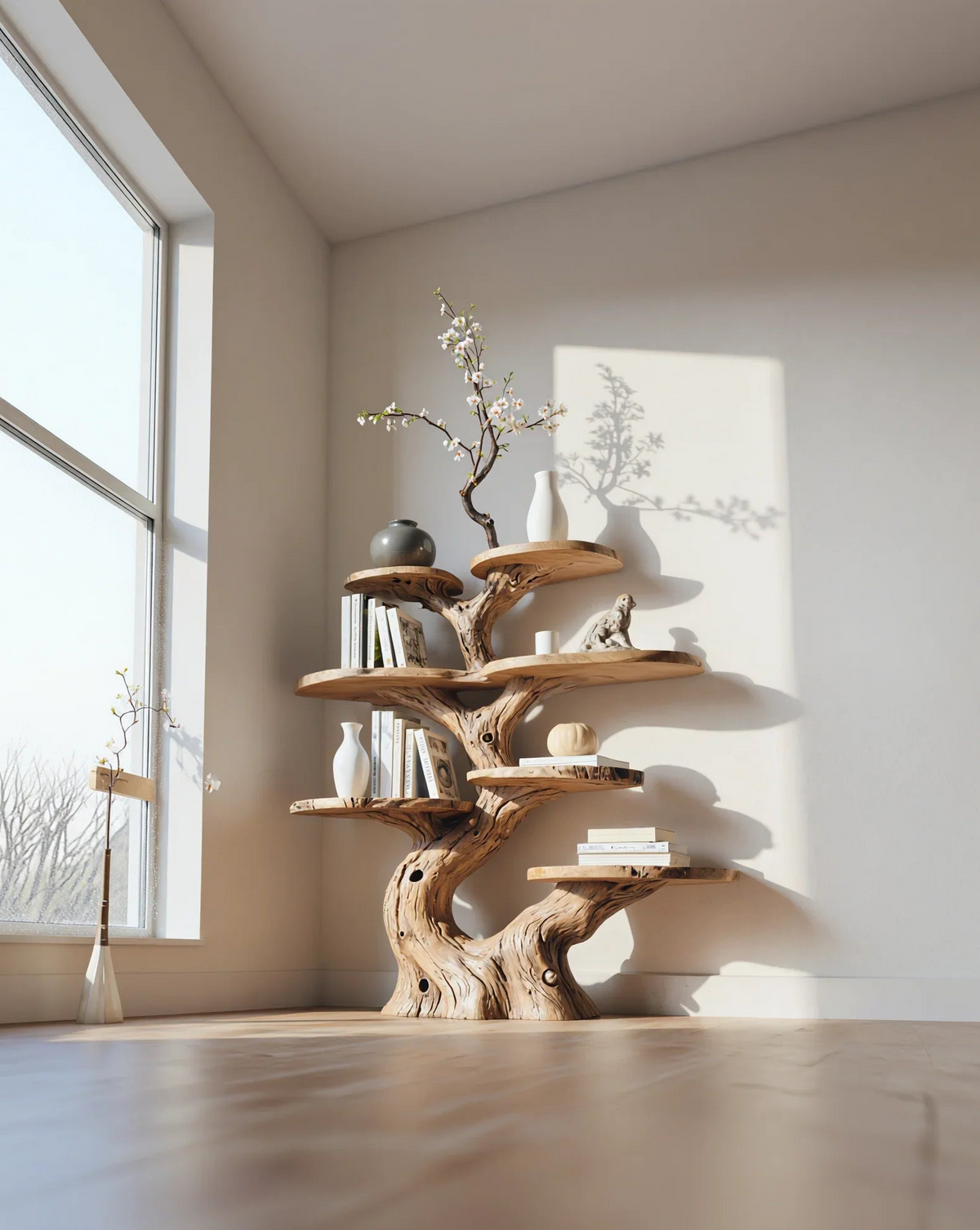 Live edge tree bookshelf with books and decor in a bright modern living room