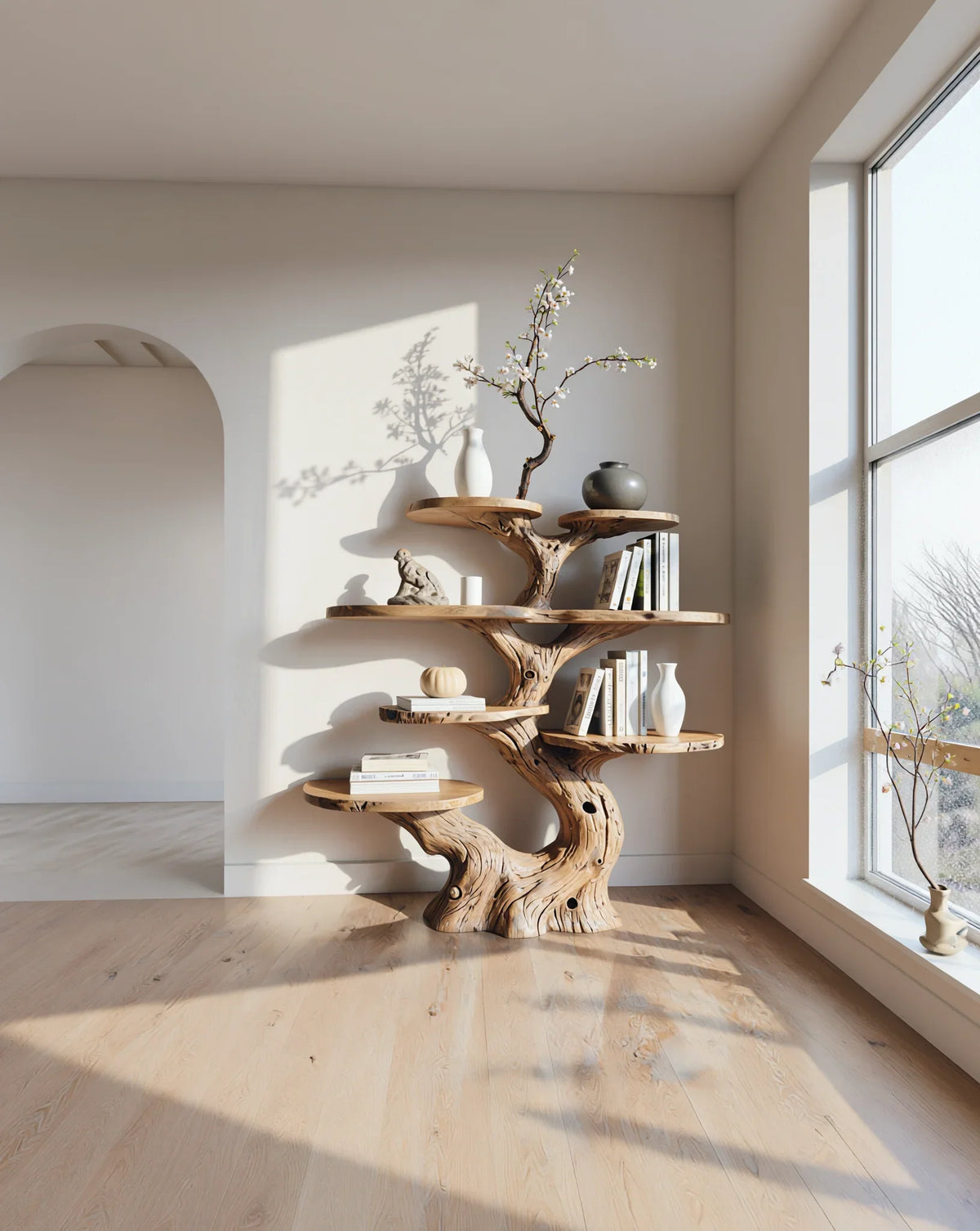 Live edge tree bookshelf with solid wood shelves, decorative objects and books in bright room