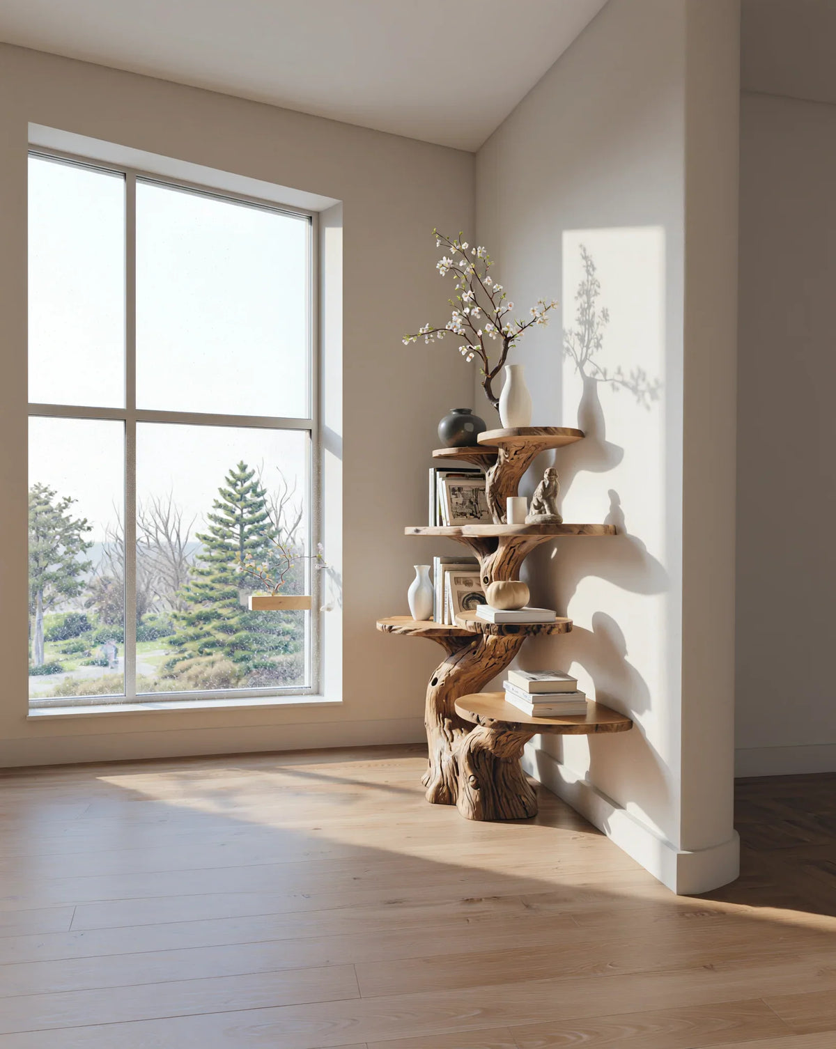 Tree bookshelf with solid wood live edge shelves in sunlit modern room by large window