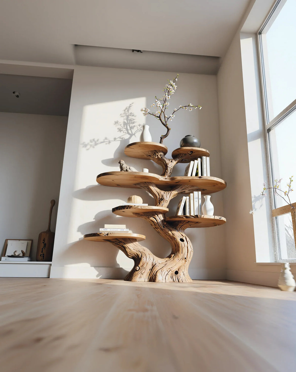 Live edge wooden tree bookshelf with books and vases in a modern sunlit room