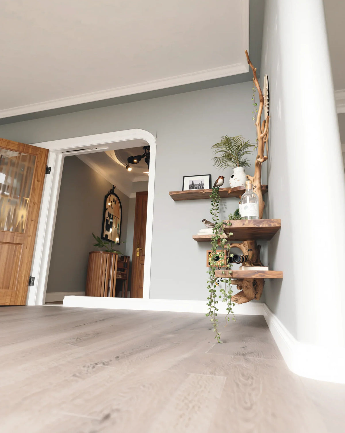 Solid wood tree bookshelf with live edge floating shelves and decor in modern hallway